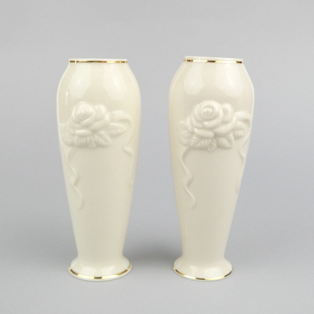 Lenox Ivory 24K Gold Trim Rose Floral Small Vases Set of 2